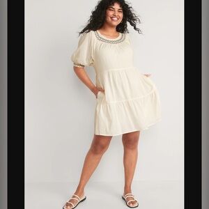 Puff-Sleeve Embroidered Smocked Mini Swing Dress